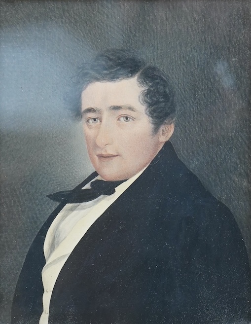 Mosely, Portrait of J. W. Morris, 1842, various ink inscriptions verso including 'Left by his widow, Augusta Morris, 1857', watercolour, 16 x 13cm, ornate gilt frame